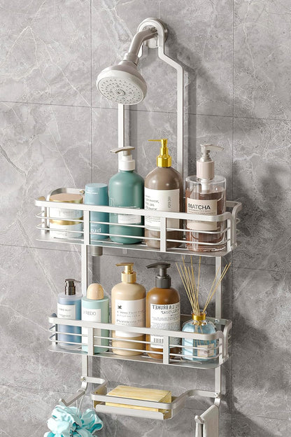 Shower Caddy Hanging, Never Rust Aluminum Shower Organizer, over Showerhead No Drilling Shower Racks, with Soap Holder Multi Hooks Bathroom Storage for Shampoo Sponge,Silvery1