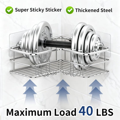 2 Pack Corner Shower Caddy, Adhesive Bathroom Shelf with 8 Hooks, Rustproof Stainless Steel Bathroom Organizer, No Drilling Shower Shelves Basket Wall Storage Rack Shampoo Holder (Silver)5
