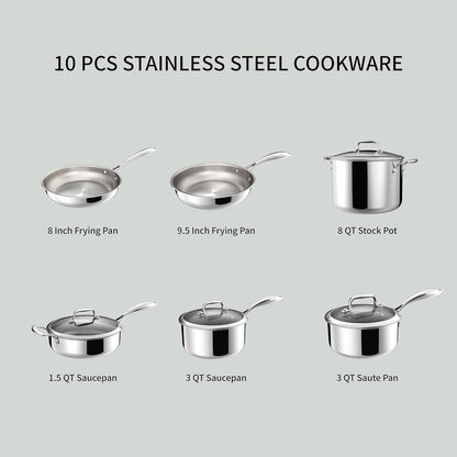 10 Pcs Stainless Steel Pots and Pan Sets for Various Cooking Needs | 5 Ply Clad, Compatible with All Cooktops, PTFE, PFAS and PFOA Free, Dishwasher Safe, Oven Safe up to 800F2