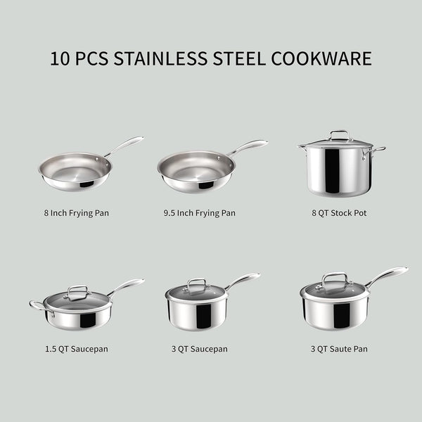 10 Pcs Stainless Steel Pots and Pan Sets for Various Cooking Needs | 5 Ply Clad, Compatible with All Cooktops, PTFE, PFAS and PFOA Free, Dishwasher Safe, Oven Safe up to 800F2