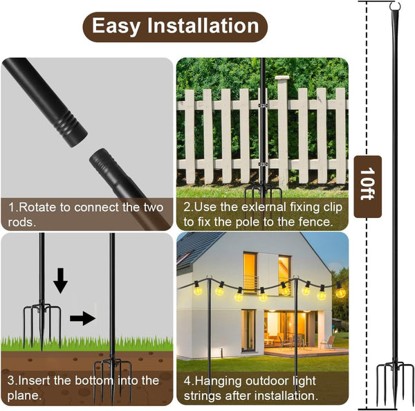 2 Pack 10FT Lighting Hanging Pole for Outside, Waterproof Hardened Metal Outdoor String Light Poles for Patio, Garden, Bistro, Wedding, Parties8