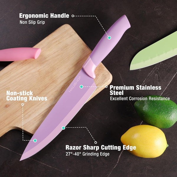 6PCS Colorful Kitchen Knife Set with Magnetic Knife Strip for Wall | Knives Set for Kitchen, Non-Stick Coated Stainless Steel Blades for Slicing, Dicing, Magnetic Knife Holder for Storage5