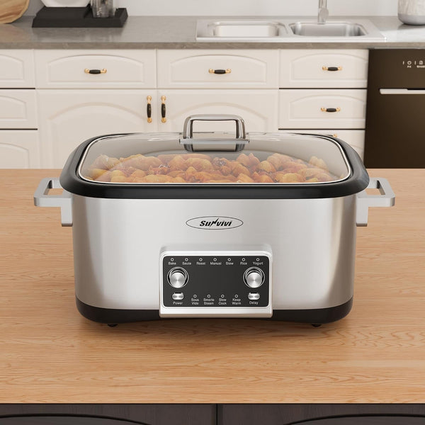8 Quart Slow Cooker Roaster Oven, 12 in 1 Programmable Multi-Cooker with Digital Timer, Temp Control, Keep Warm, Removable Non-Stick Aluminum Pot & Dishwasher-Safe Glass Lid, Stainless Steel9