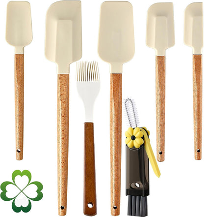 7 Piece Silicone Spatula Set, Food Grade Rubber Spatula Set with Wooden Handle, Heat Resistant up to 600°F, Silicone Utensils Set for Baking, Cooking & Mixing, Jar, Non-Stick Kitchen Utensils1