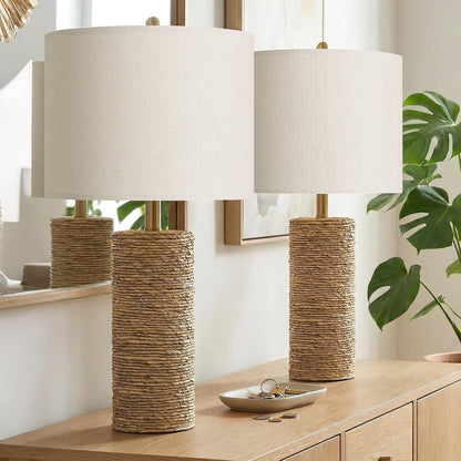 Boho Lamps Set of 2, 25.5" Coastal Farmhouse Bedside Lamps, Resin Woven Rattan-Look Nightstand Lamps with Linen Shade & Rotary Switch for Bedroom Living Room Home Decor7