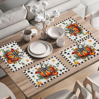 Fall Table Runner,12X18In Linen Pumpkins Leaves Placemats Set of 46