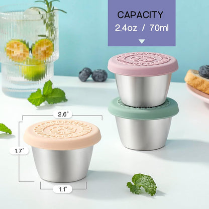 [8 Pack] Salad Dressing Container to Go, 2.4Oz Small Condiment Containers with Leakproof Silicone Lids, Reusable Stainless Steel Sauce Cups for Lunch Bento Box, Picnic and Travel2