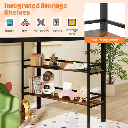 Low Loft Bed Twin Size, Heavy Duty Metal Frame W/Storage Shelves, Ladder & Full-Length Guardrails, Ample Under-Bed Space, Kids Loft Bed with Stairs for Boys Girls Junior, No Box Spring Needed6