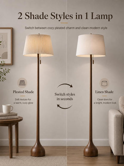 Mid Century Modern Real Wood Floor Lamp with Remote, 2 Shades | 65" Tall, Sculptural Teardrop Base, Foot Switch, Stepless Dimming, 3 Color Temperatures, 1H Timer, Bulb Included5