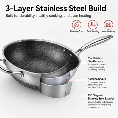 Wok Pan,Honeycomb Stainless Steel Wok Pan with Lid, 13.3 Inch Hybrid Nonstick Stir Fry Pan Flat Bottom, Induction Compatible, Dishwasher Safe, No Seasoning Needed (Serves 3-4)3