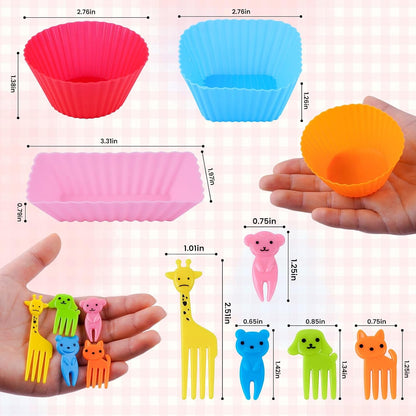 60 Pcs Silicone Lunch Box Dividers - Bento Box Accessories, Silicone Cupcake Liners Reusable Muffin Cups for Baking with Animal Food Picks (30 Cupcake Cups + 30 Picks)3