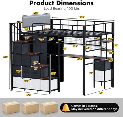 Full Size Loft Bed with Desk, Stairs & LED Light, Metal Gaming Loft Bed Frame with Headboard, Safety Guardrails, Charging Station, Closet & Fabric Drawers, Space Saving, Black & Burnt Wood2