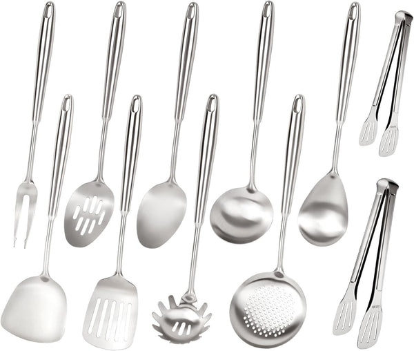 304 Stainless Steel Cooking Utensils Set, 11PCS Stainless Steel Utensils Set, Metal Cooking Utensils Set Include Meat Fork, Tongs, Turner, Soup Ladle, Dishwasher Safe1