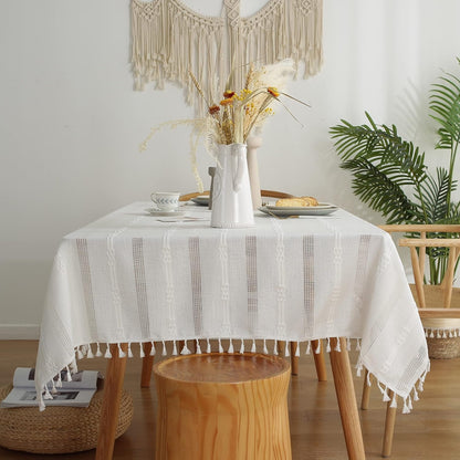 Rustic Stripe Embroidered Tablecloth Heavy Square Tassel Cotton Linen Table Cloth Wrinkle Free Washable Table Cover for Kitchen Dinning Party Holiday White 55X55 Inch1