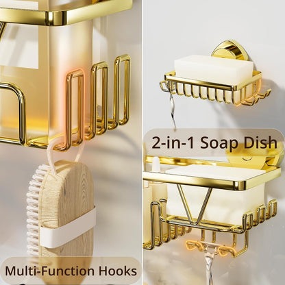 Suction Cup Shower Caddy Organizer with Soap Holder and Hooks, Gold3