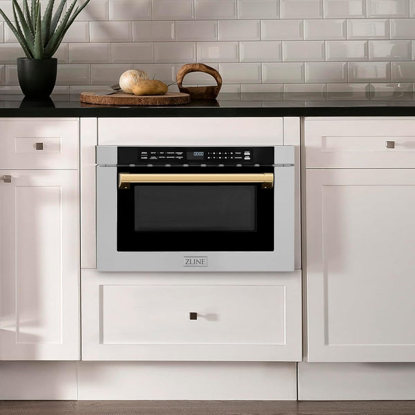 ZLINE Autograph Edition 24" 1.2 Cu. Ft. Built-In Microwave Drawer with a Traditional Handle in Stainless Steel and Gold Accents2
