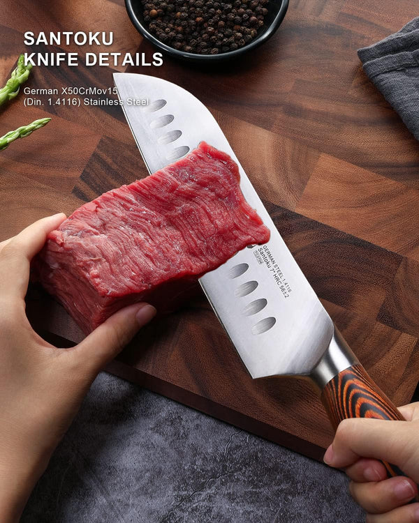 Santoku Knife, 7 Inch Japanese Chef Knife for Vegetable Chopping & Meat Dicing, High Carbon German Steel, Ergonomic Handle - Fiery Phoenix Series2
