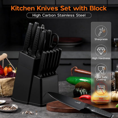 Kitchen Knife Sets with Block, 15 Pieces High Carbon Stainless Steel Knife Set with Sharpener, Sharp Knife Block Set for Kitchen, Black6