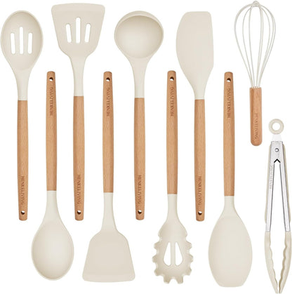 Silicone 10 Pcs Kitchen Cooking Utensils Set, Recycled Materials Certification, BPA Free Spatula Set with Heat Resistant Wood Handles for Nonstick Cookware, Cream White1