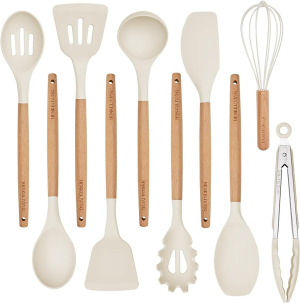 Silicone 10 Pcs Kitchen Cooking Utensils Set, Recycled Materials Certification, BPA Free Spatula Set with Heat Resistant Wood Handles for Nonstick Cookware, Cream White1