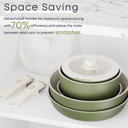 Detachable Nonstick Cookware Set - Stackable Induction Pots and Pans with Removable Handles, Dishwasher Safe - for RV Camping, Oven and Stovetop Use, 5 Pieces (Green)3