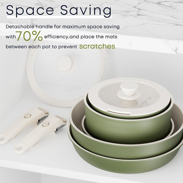 Detachable Nonstick Cookware Set - Stackable Induction Pots and Pans with Removable Handles, Dishwasher Safe - for RV Camping, Oven and Stovetop Use, 5 Pieces (Green)3