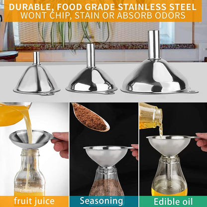 Metal Stainless Steel Funnel, Large Medium Small Funnel Set of 3, Food Grade Mini Funnels for Kitchen Use Filling Bottles Flask Cooking, 2 Brushes6