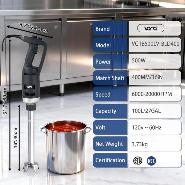 500W Commercial Immersion Blender, 16" SUS 304 Removable Shaft, Heavy Duty Power Hand Mixer with Variable Speed 6000-20000RPM, Professional Electric Stick Blender for Restaurant Kitchen Use.5