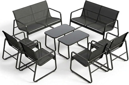 8 Pieces Outdoor Patio Furniture Set, 2 Bench Loveseat + 4 Single Armchairs + 2 Tempered Glass Coffee Tables, Metal Frame Patio Conversation Set for Backyard Poolside Porch, Black8