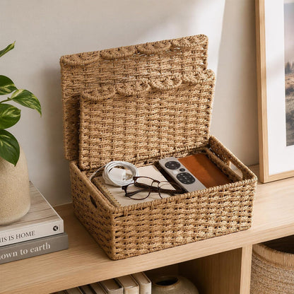 Set of 2 Scalloped Wicker Basket with Lid, Paper Rope Baskets for Shelves5