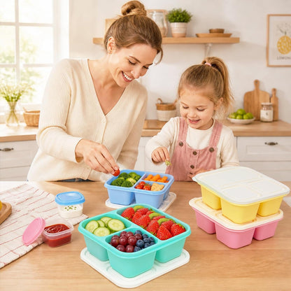 Bento Box Snack Containers, 3 Compartment Lunch Containers for Adults, Reusable Stackable Meal Prep & Food Storage Containers with Leakproof Sauce Cups, 4 Pack2