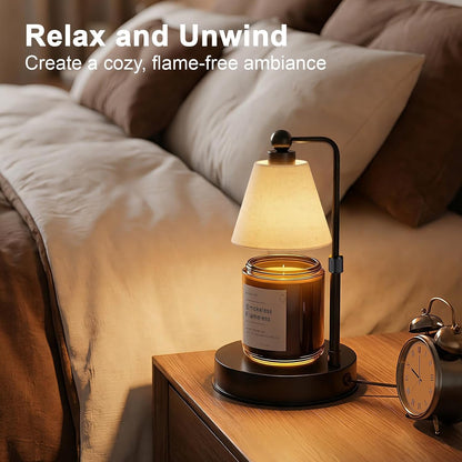 Candle Warmer Lamp with Timer, Dimmable, Adjustable Height, Modern Farmhouse Linen Shade, Black Candle Warming Lamp for up to 6-Inch Jar Candles, 2 Bulbs Included4