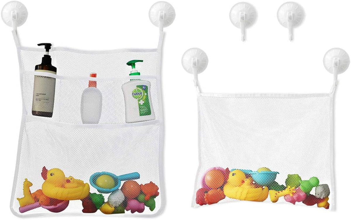 bath-toy-organizer-mesh-storage-organizer-baby-shower-toys-bathtub-net-bag-kids-quick-dry-bathtub-mesh-net-bathtub-toy-holder-2-x-bathroom-storage-bag-6-x-strong-suction-hooks-white