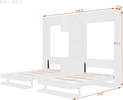 Dual Twin Murphy Bed with Cabinets and Shelves, Space Saving Wall Bed with Storage, Foldable Twin Beds with Convertible Shelf Legs for Guest Room, Small Space, White2