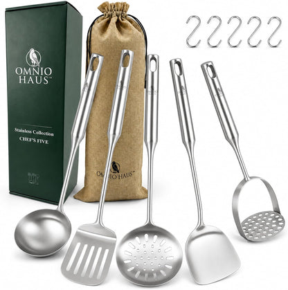 Premium Stainless Steel Kitchen Utensil Set, 5-Piece 304 (18/8) Cooking Utensils with Hooks, Soup Ladle, Slotted Turner, Solid Wok Turner, Skimmer, Potato Masher, Storage Bag and Gift Box1