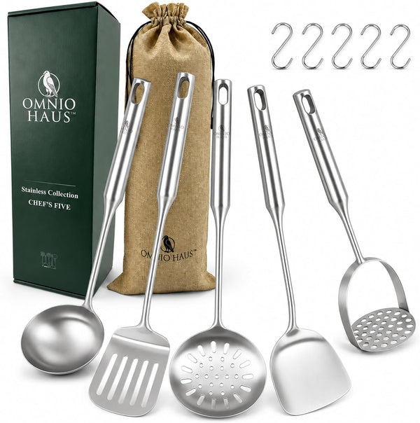 Premium Stainless Steel Kitchen Utensil Set, 5-Piece 304 (18/8) Cooking Utensils with Hooks, Soup Ladle, Slotted Turner, Solid Wok Turner, Skimmer, Potato Masher, Storage Bag and Gift Box1
