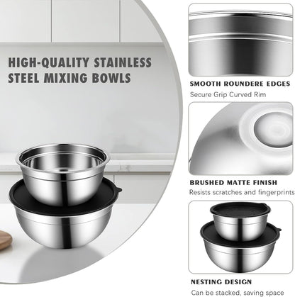 Stainless Steel Mixing Bowls with Lids, 5 Pcs Mixing Bowls with Lids Set Included 3 Grater Attachments, Size 4.5, 4, 3.5, 2.1, 1.5QT Mixing Bowl Set for Baking and Serving (Black, 5 Pack)2