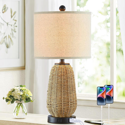 Touch Control Rattan Table Lamp, 3 Way Dimmable Bedside Lamp for Bedroom with 2 USB Ports and AC Outlet, Nightstand Lamps for Living Room(Led Bulbs Included), Grass-1Pk1