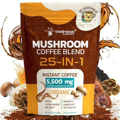Organic Mushroom Coffee Instant, 25-In-1 Lions Mane & Reishi, 90 Servings | Keto Friendly, Third Party Tested Chaga Cordyceps & Shiitake Functional Blend, Smooth Rich Taste, Gut & Focus Support, 1 Pack1