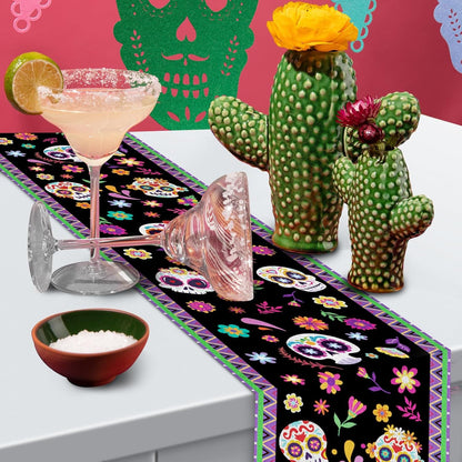 Day of the Dead Table Runner 72 X 13 Inch Decorations, Dia De Los Muertos Sugar Skull Mexican Fiesta Carnival Table Cover Decor, Rustic Linen Altar Themed Party Supplies for Home Kitchen Dining Mantel4