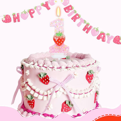 Pink Strawberry Number 1 Candle for Berry First Birthday Decor4