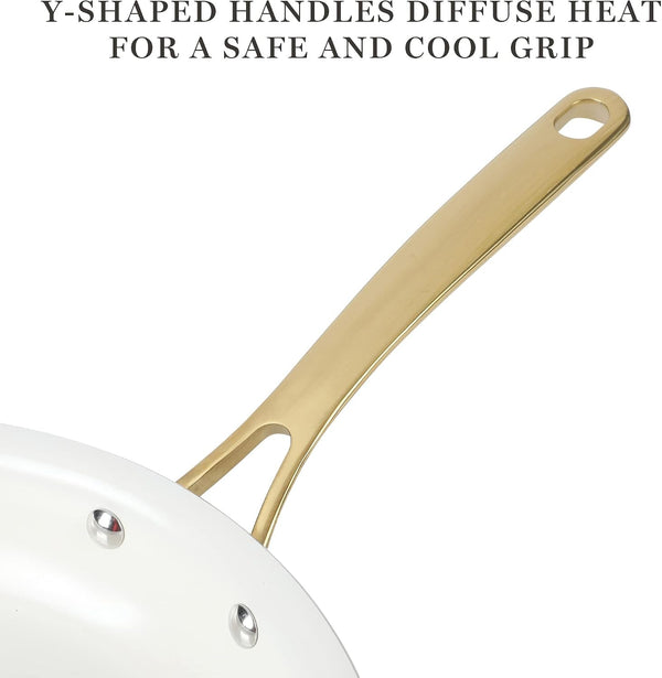 Lockton Premium Non Stick Non Toxic PFA Free Ceramic Interior 10 Piece Heavy Gauge Enamel Aluminum Pots and Pans Cookware Set - Linen White W/Gold Handle4