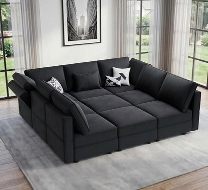 92" 9 Seats Modular Sectional Sleeper Sofa with Storage, Black1