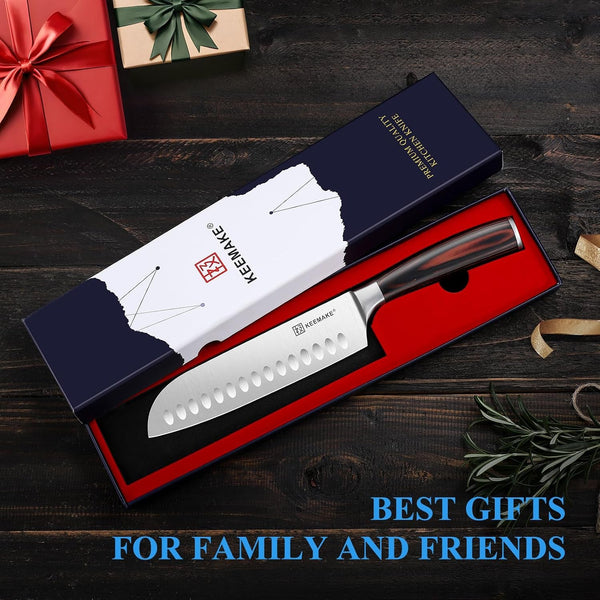 Chef Santoku Knife - 7 Inch Ultra Sharp Kitchen Knife with Stainless Steel Blade for Cooking Meat Fruit Vegetable with Ergonomic Pakkawood Handle and Gift Box Included6
