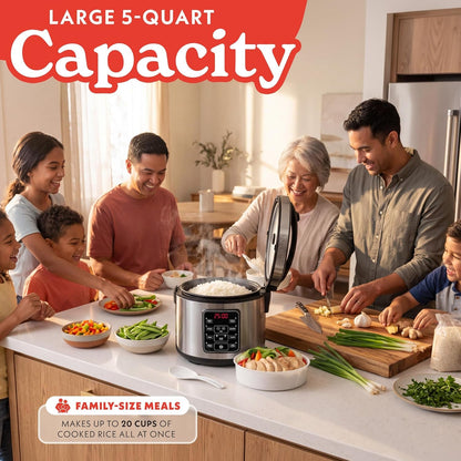 Rice Cooker – 5 Qt Capacity, 20 Cup Cooked, 10 Cup Uncooked, Digital Controls, 6 Cooking Presets, Grain Cooker & Steamer, Nonstick Pot, Steam Tray, Delay Timer, Keep Warm, Stainless Steel5