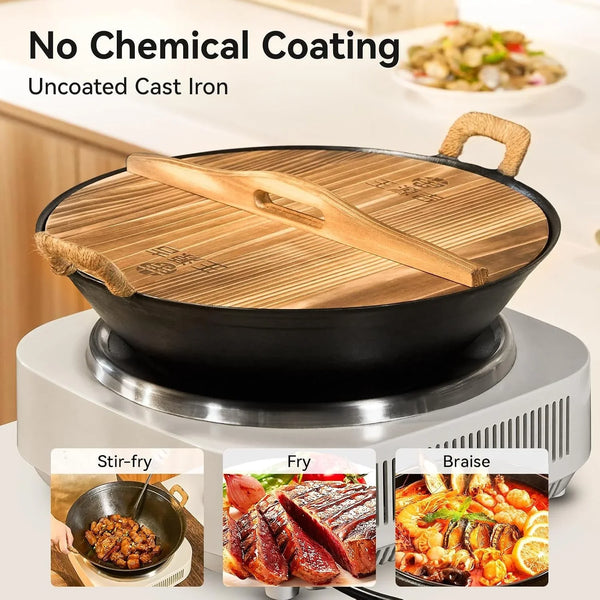 13.4 Inch Cast Iron Wok with Wooden Lid and Iron Spatula, Flat Bottom Double-Handle Chinese Stir Fry Pan, Uncoated Cast Iron Wok for Induction, Gas and Electric Stoves4