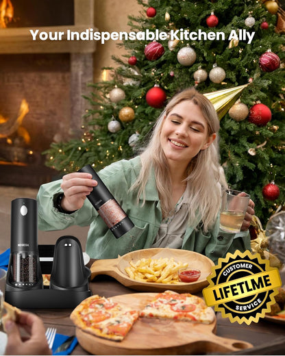 Electric Salt and Pepper Grinder Set with Rechargeable Base - Automatic Refillable Electric Salt and Pepper Shakers with Large Capacity, LED Light & Adjustable Coarseness, Black2
