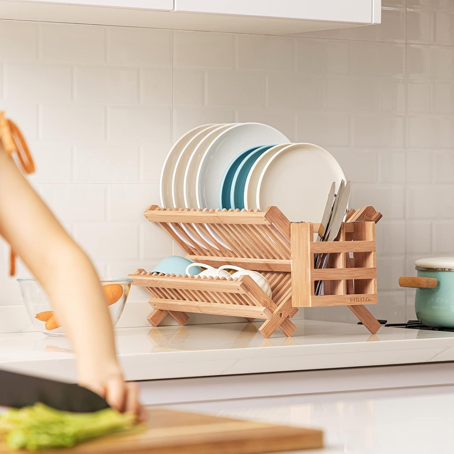 dish-rack-bamboo-folding-2-tier-collapsible-drainer-dish-drying-rack-with-utensils-flatware-holder-set-dish-rack-with-utensil-holder