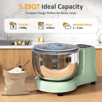 Electric Dough Maker with Ferment Function, 5.3QT Dough Mixer with Adjust Time, Household Stand Mixer Kitchen Flour Kneading Machine, LED Touch Panel, 304 Stainless Steel Bowl, Green7