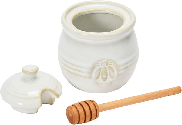 Creative Co-Op Farmhouse Embossed Stoneware Honey Pot with Wood Honey Dipper, White5